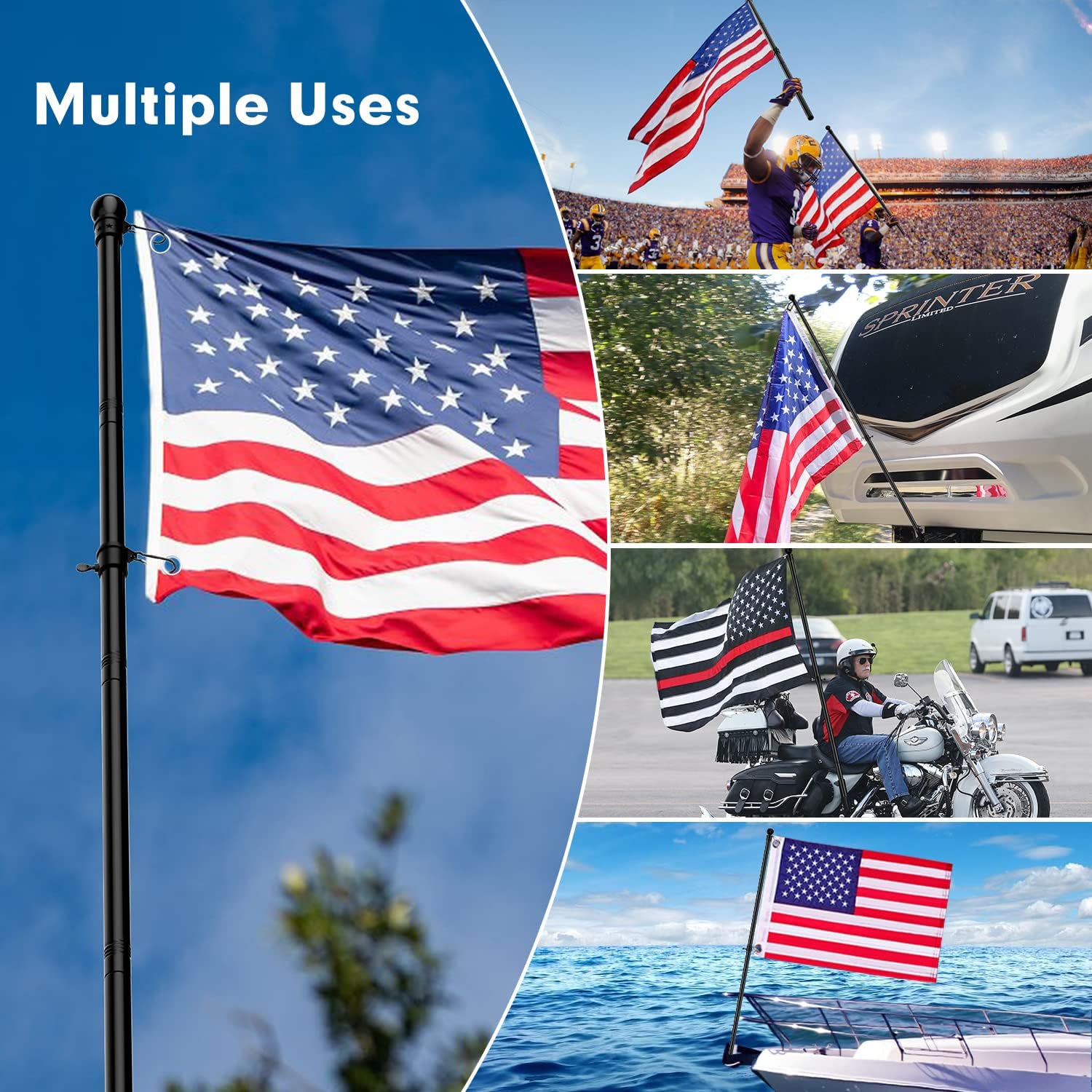 Flag Pole for House Outside with 5 Position Mounting Bracket, 5ft Stainless Steel Black Flagpole Kit for Commercial