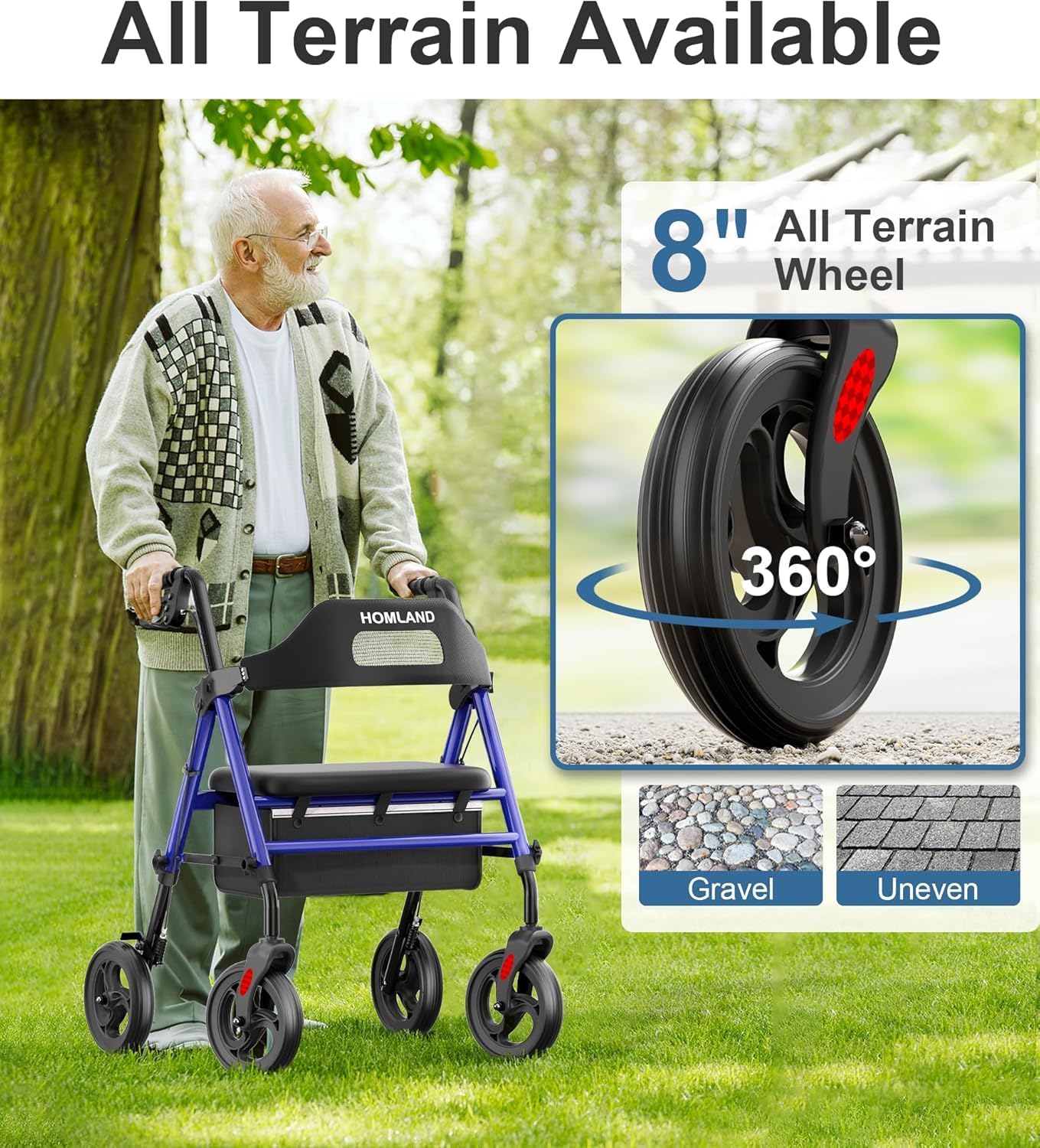 Foldable Rollator Walkers with Seat for Seniors, 8'' Big Wheels, 350 lb. Weight Capacity, Adjustable Handles and Seat
