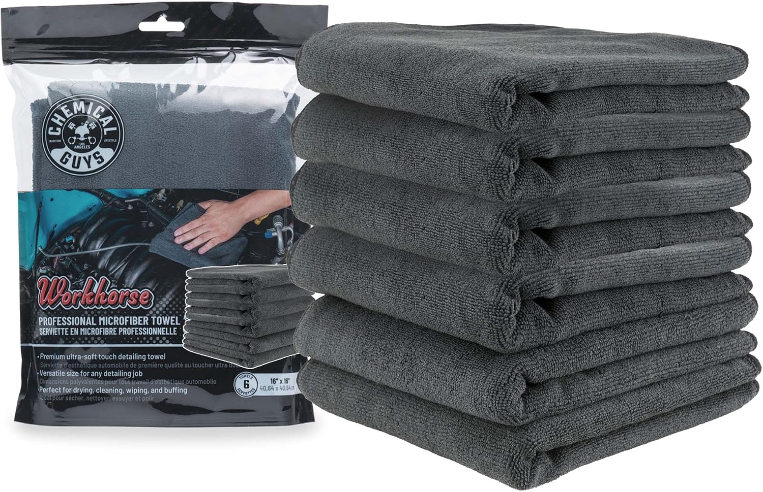 MIC35306 Workhorse Professional Grade Microfiber Towel, Black (16 in. x 16 in.) (Pack of 6)