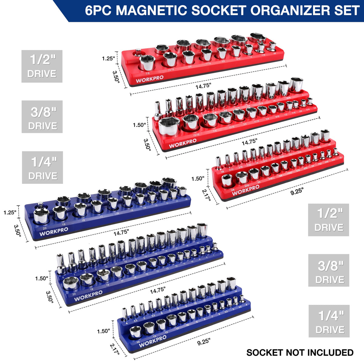 Magnetic Socket Organizer Set, 6-Piece Metric SAE Socket Holder Set