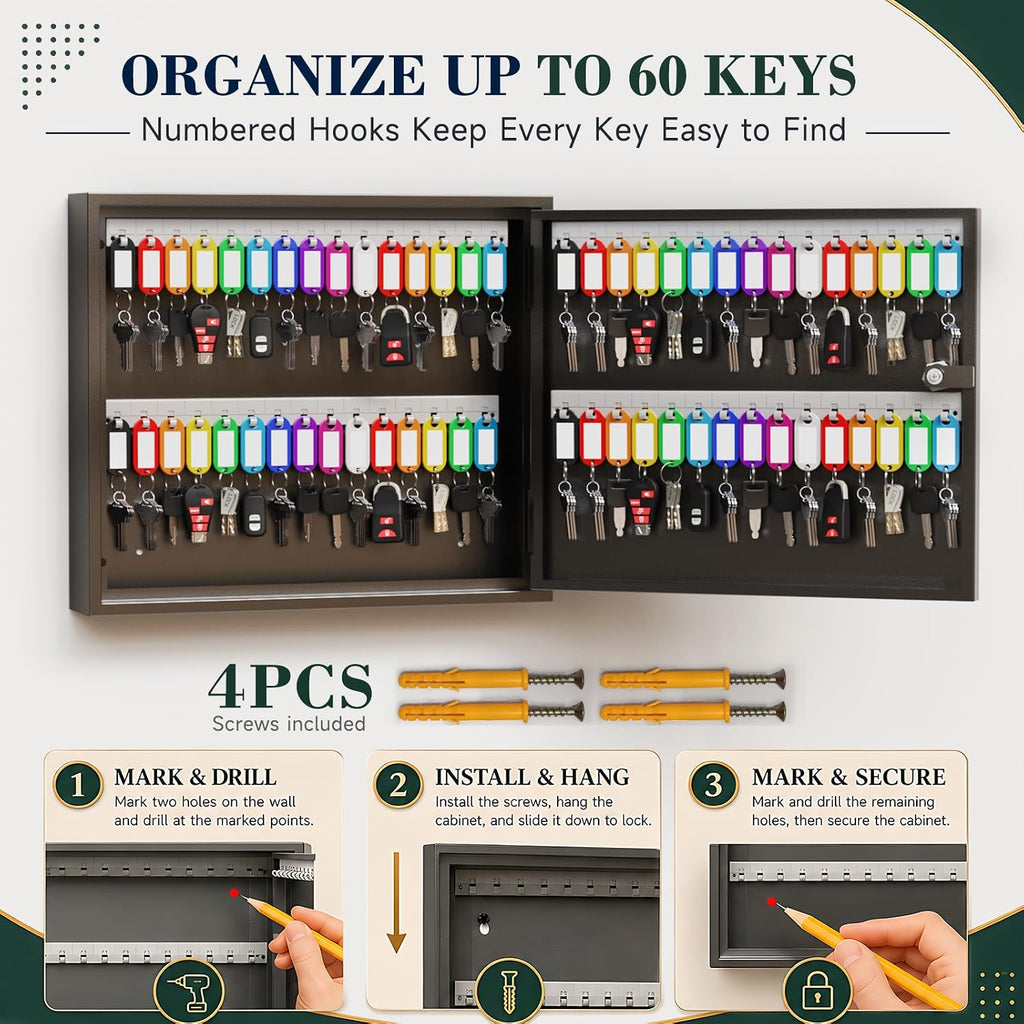 60-Keys Key Lock Box, Wall Mount Steel Key Organizer Cabinet with Key Tag | Security Key Holder Lockbox with Key