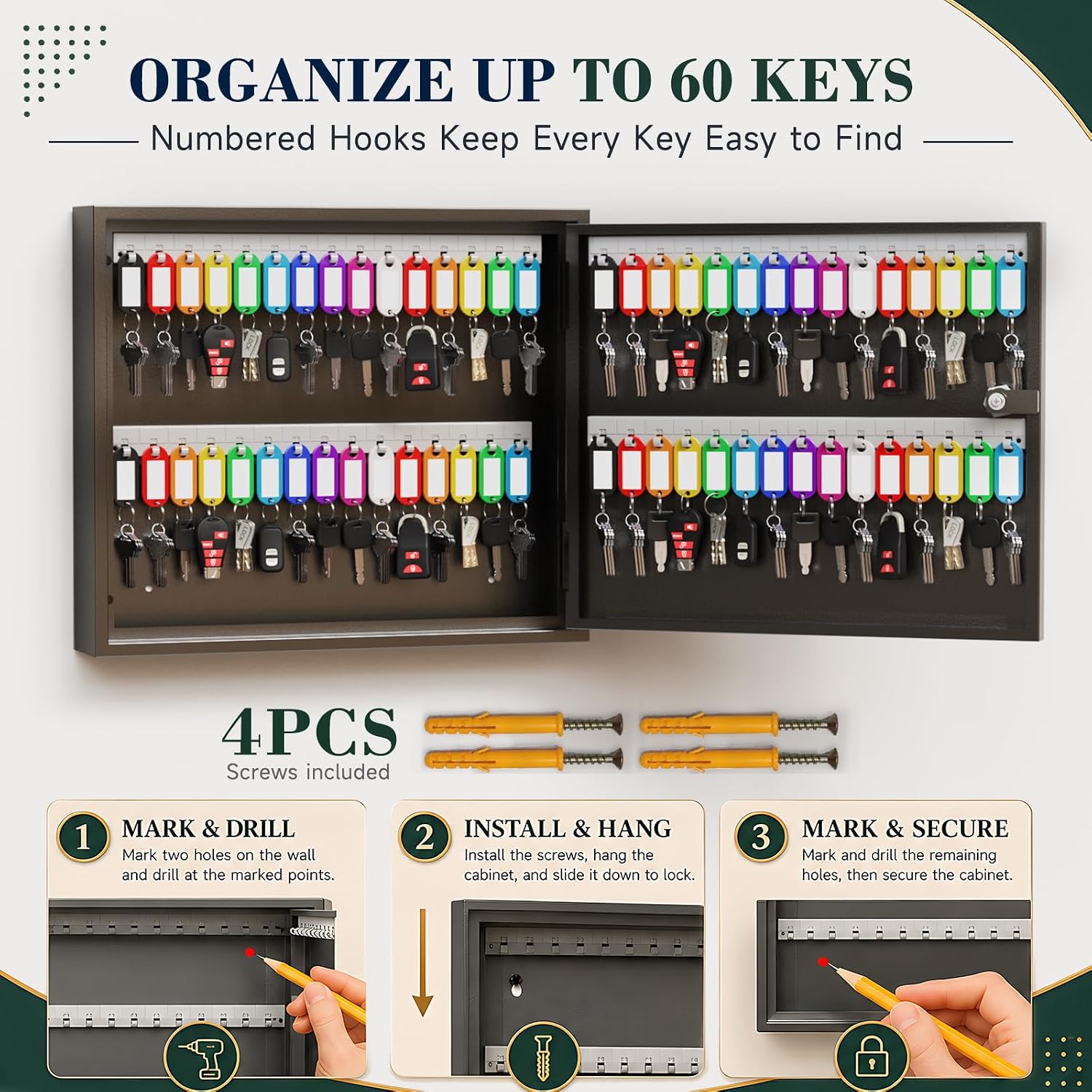 60-Keys Key Lock Box, Wall Mount Steel Key Organizer Cabinet with Key Tag | Security Key Holder Lockbox with Key