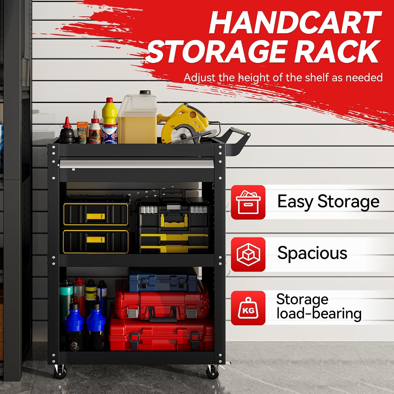 3-Tier Rolling Tool Cart with Drawer & Pegboard | 750LBS Load Capacity, Black Steel Rolling Tool Cart ,Mobile Utility