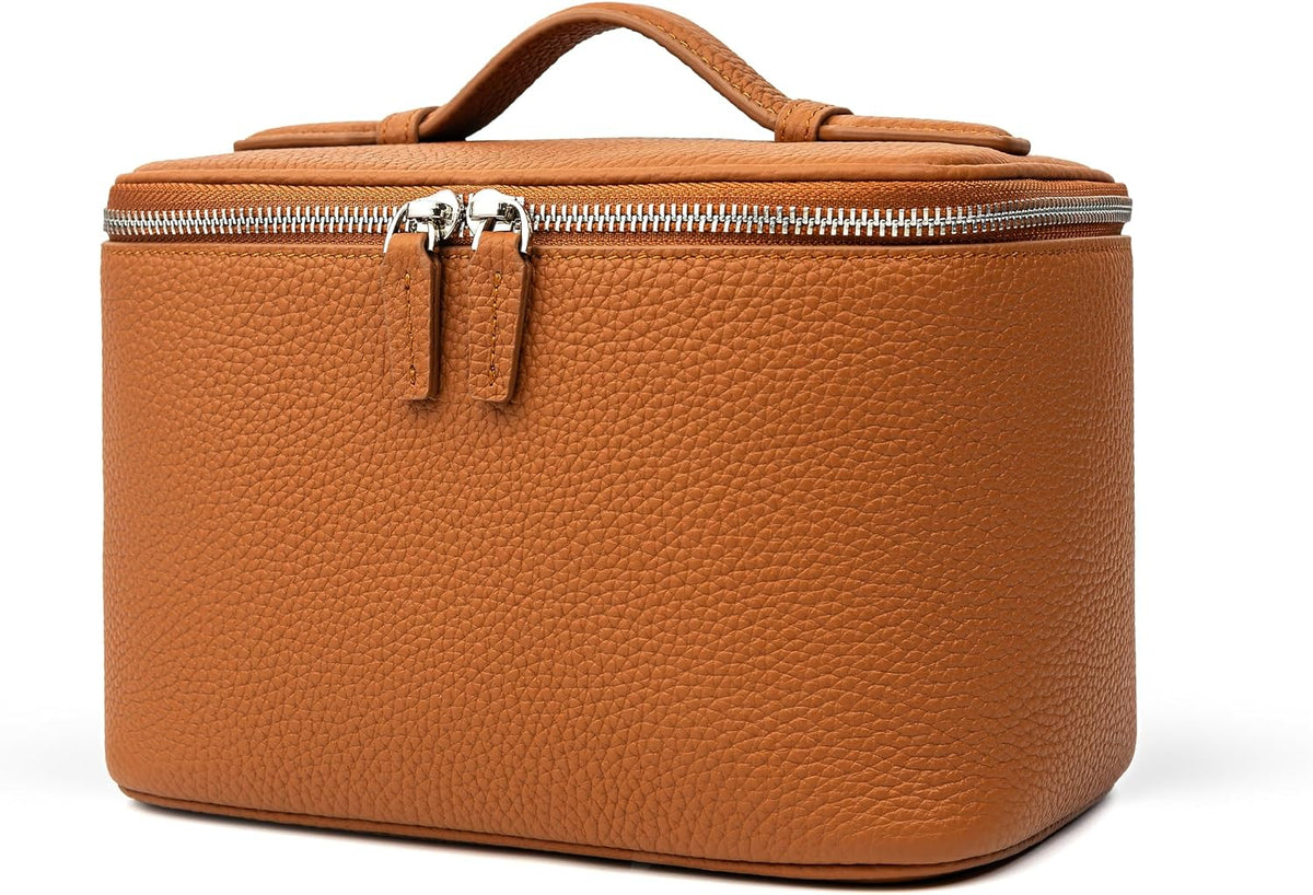 Genuine Leather Cosmetic Case, Top Handle Box Shape Makeup Bag