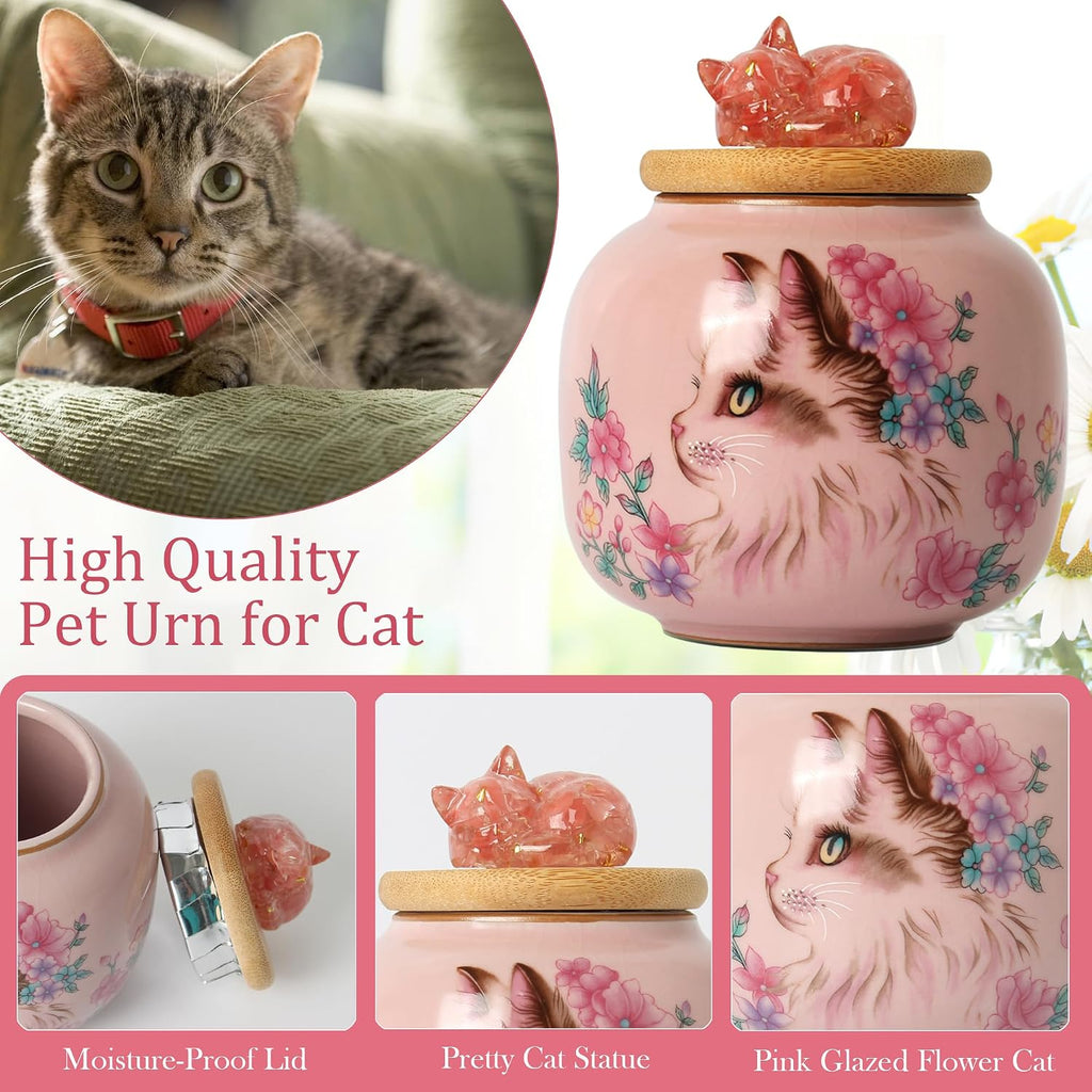 Ceramic Cat Urn for Ashes, Small Pet Urn with Crystal Cat Sculpture on Top, Pet Cremation Keepsake with Pink Cat