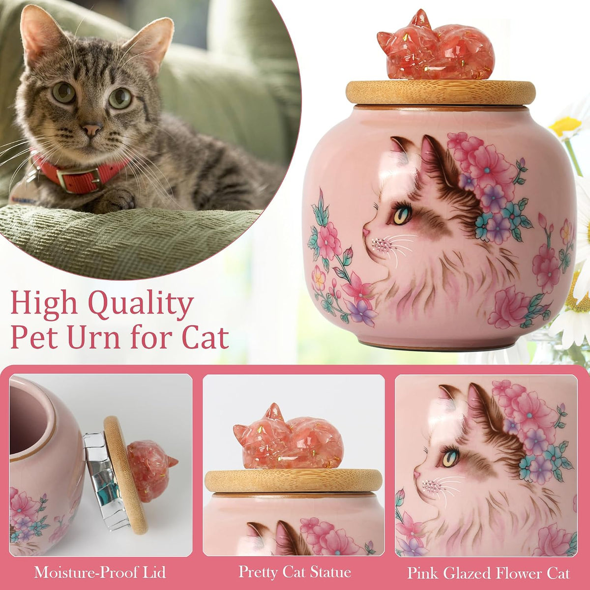 Ceramic Cat Urn for Ashes, Small Pet Urn with Crystal Cat Sculpture on Top, Pet Cremation Keepsake with Pink Cat