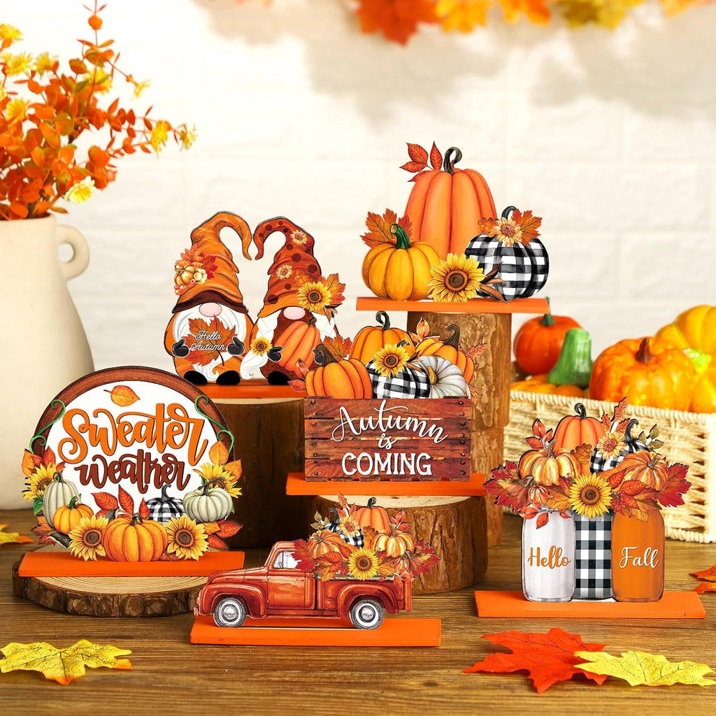 6 Pcs Fall Table Decorations Autumn Wooden Table Centerpieces Fall Pumpkin Truck Gnome Tabletop Signs Thanksgiving