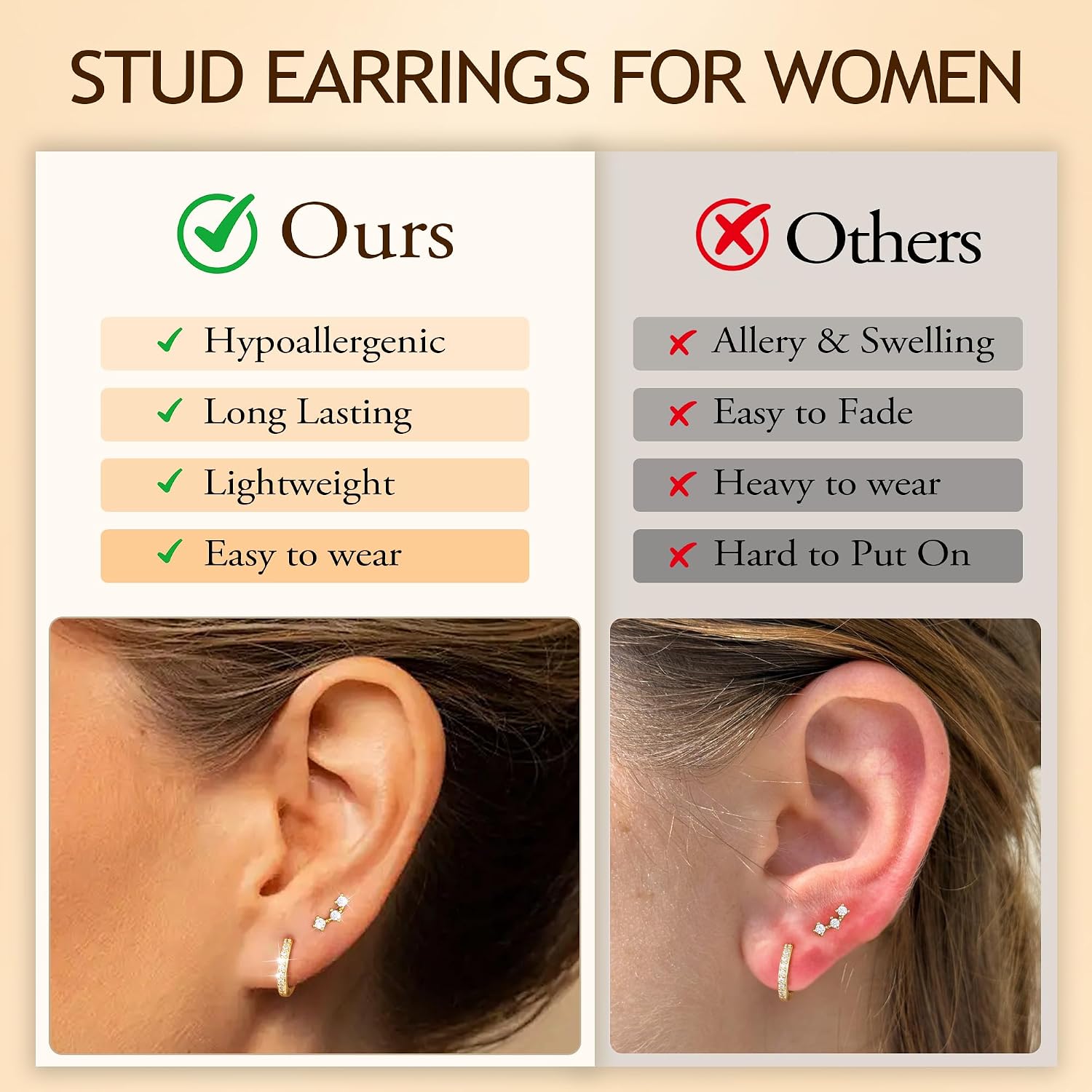 7 Pairs Gold Earrings for Women - Hypoallergenic 14K Gold Plated Stud & Hoop Cartilage Earring Sets Lightweight Helix