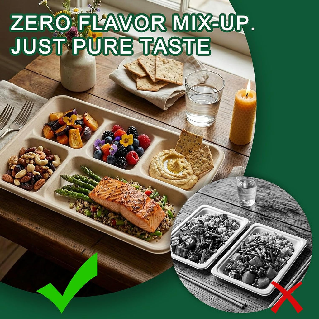 5 Compartment Compostable Plates, 12.5 x 8.6, 100 Pack, Natural