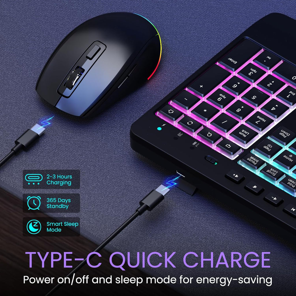 Wireless Keyboard and Mouse Combo- VEILZOR 2.4G Rechargeable Keyboard with Phone Holder, Ergonomic Wrist Rest, 9 RGB