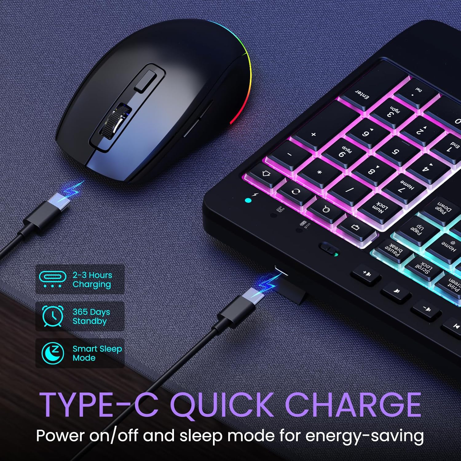 Wireless Keyboard and Mouse Combo- VEILZOR 2.4G Rechargeable Keyboard with Phone Holder, Ergonomic Wrist Rest, 9 RGB