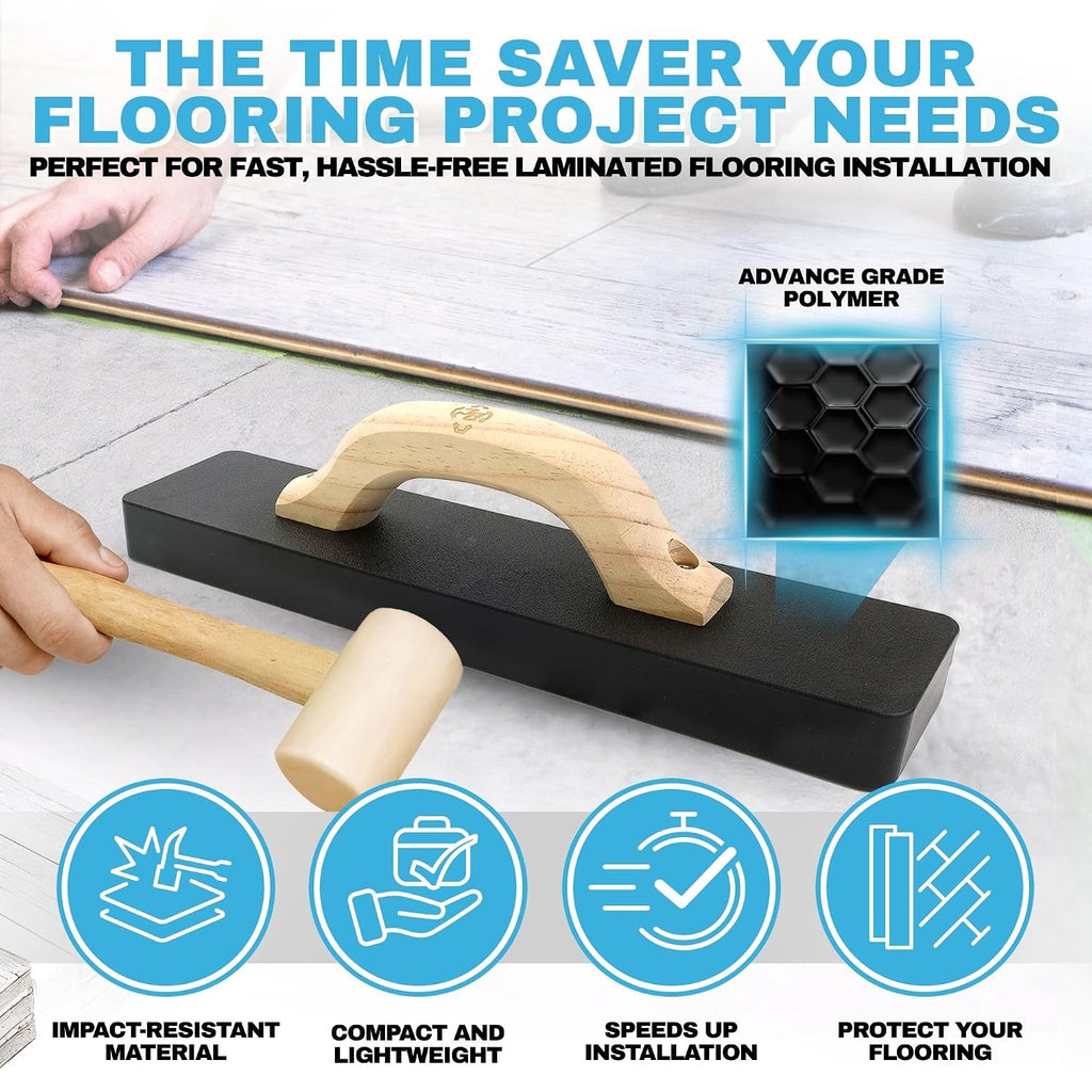 Professional Tapping Block for Laminate & Vinyl Plank Flooring Installation - Heavy Duty Wood Handle Tool for LVP