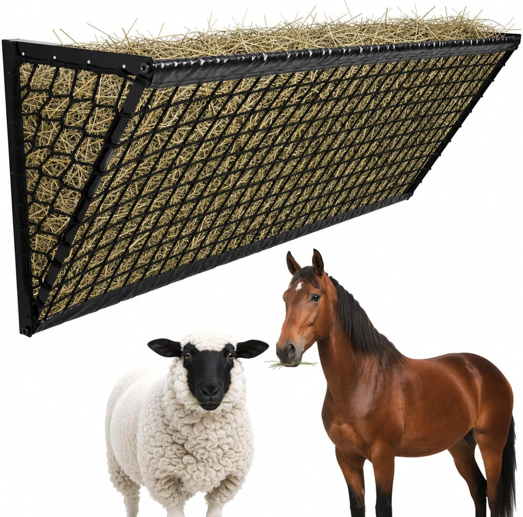 Upgraded Hay Feeder for Goats with Net, 63Inch Long Wall Hay Rack with 50Gallon Large Capacity, Blanket Hay Holder