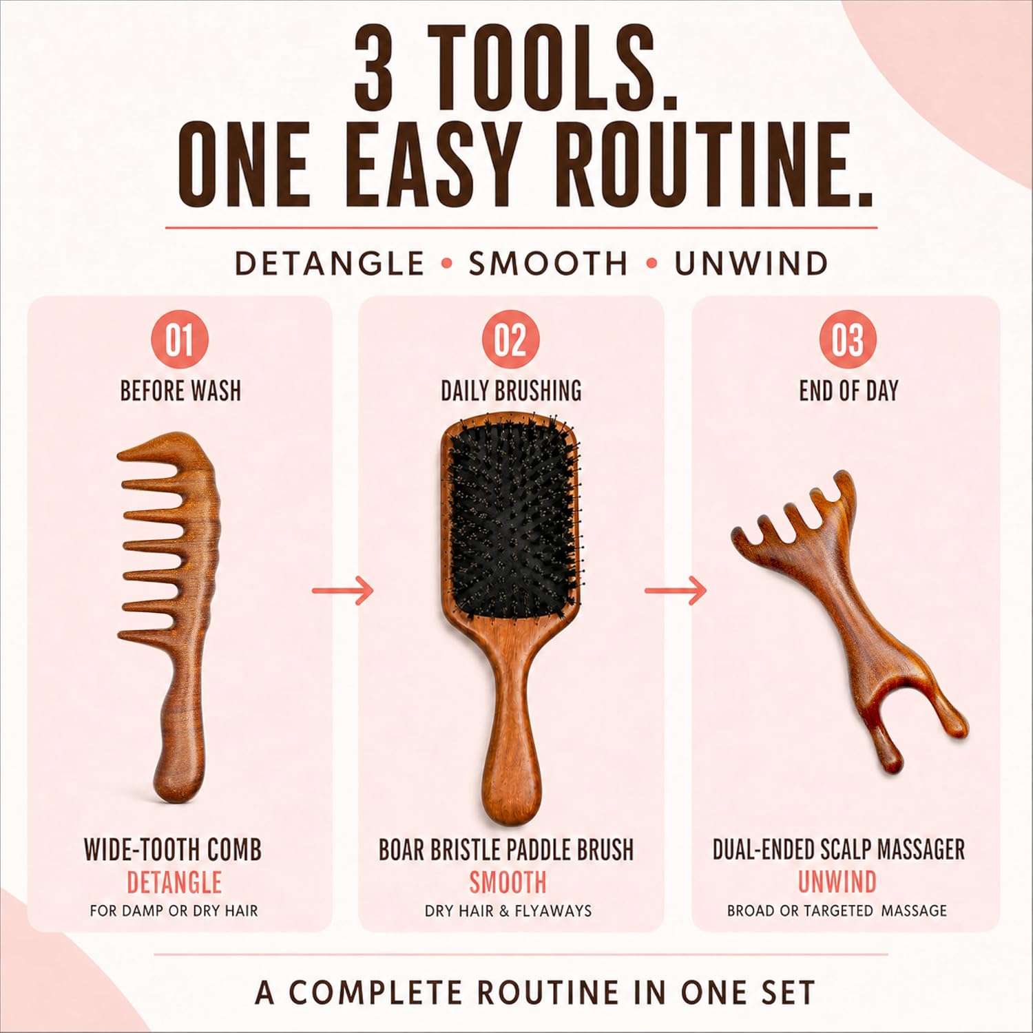 3-Piece Wooden Hair Brush Set with Boar Bristles & Wide Tooth Comb | A 3-piece wooden hair brush set for gentler