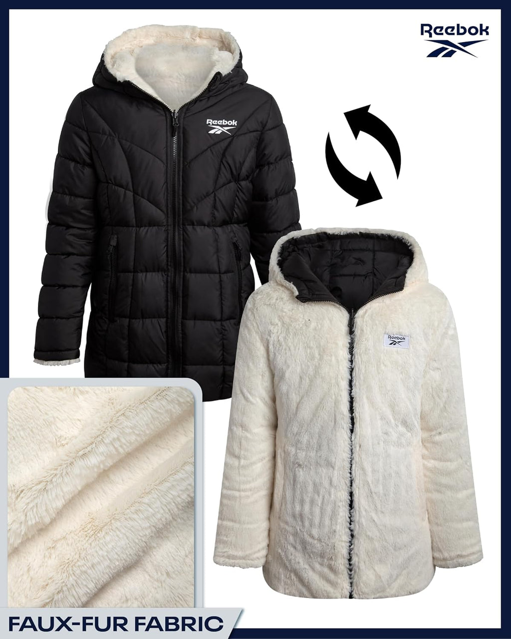 Girls Reversible Puffer Jacket, Fur Lined, Wind & Water Resistant | Two Stylish Looks in One, Soft Faux Interior for