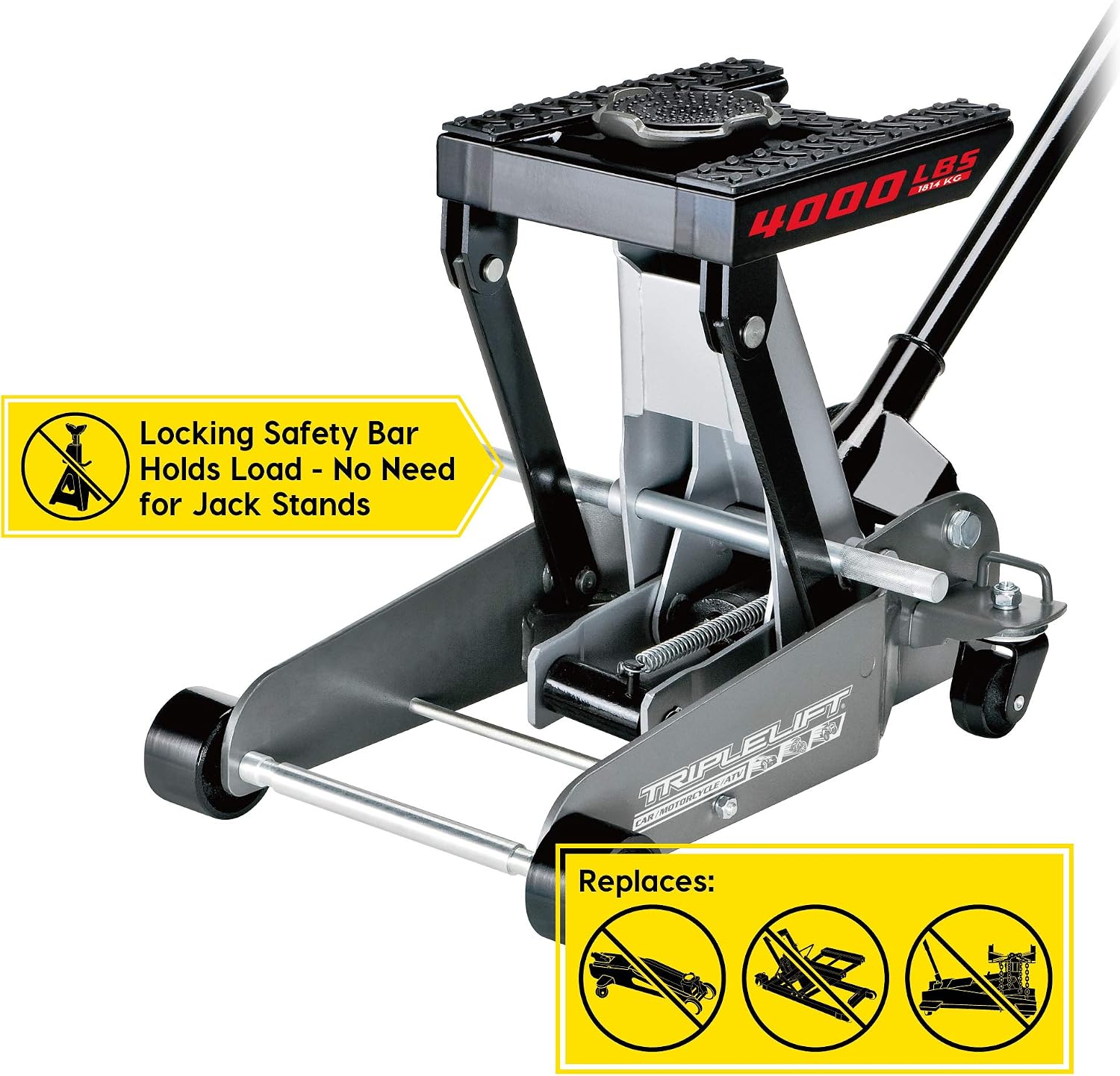 2 Ton Triple Lift Floor Jack, Lifts Cars, Trucks, Motorcycles, ATV's, Transmissions, Tie-Down Loops, Locking Safety