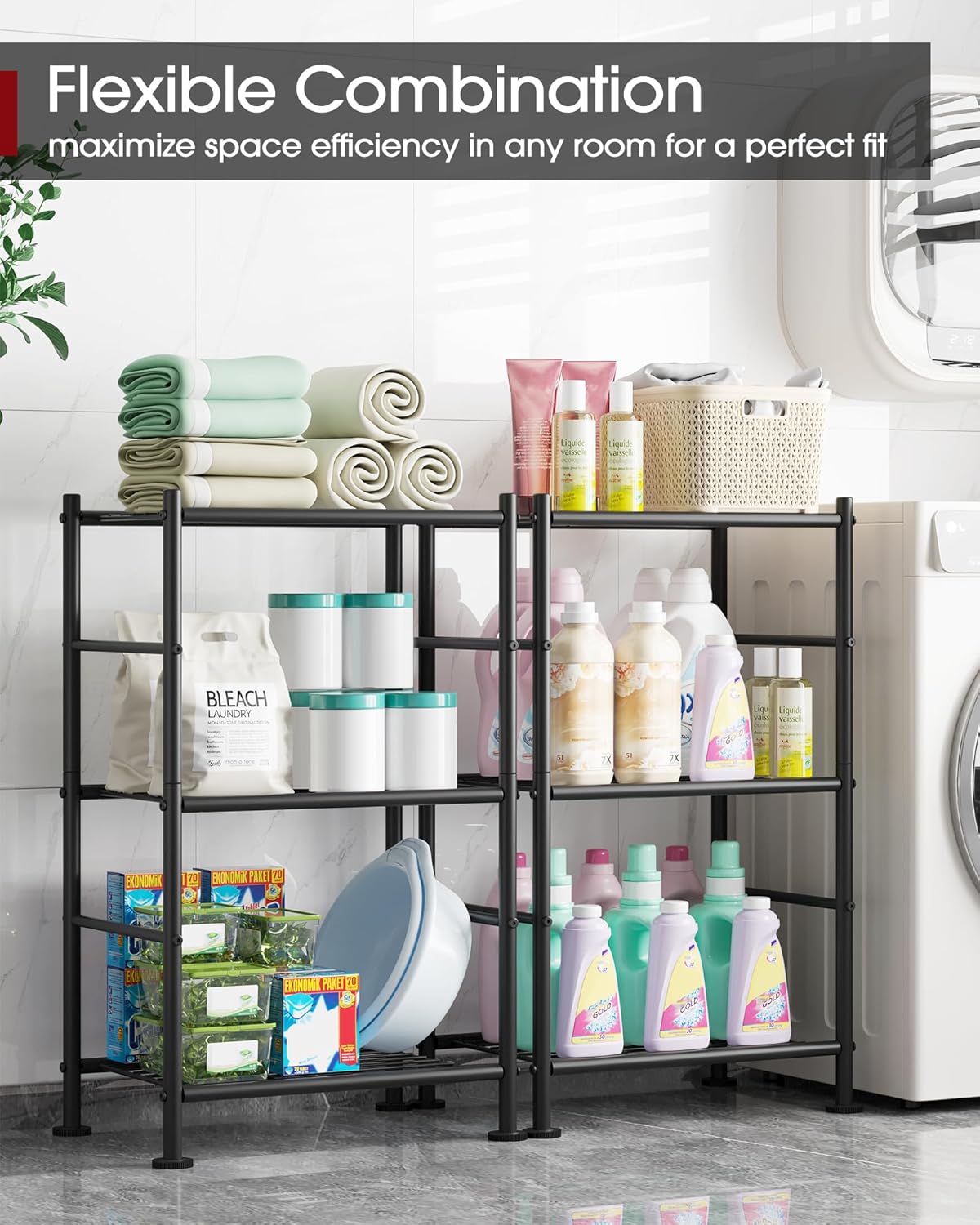 Storage Shelves - 3 Tier Shelf Organizer, Sturdy Metal Garage Shelving with Adjustable Leveling Feet, Space-Saving
