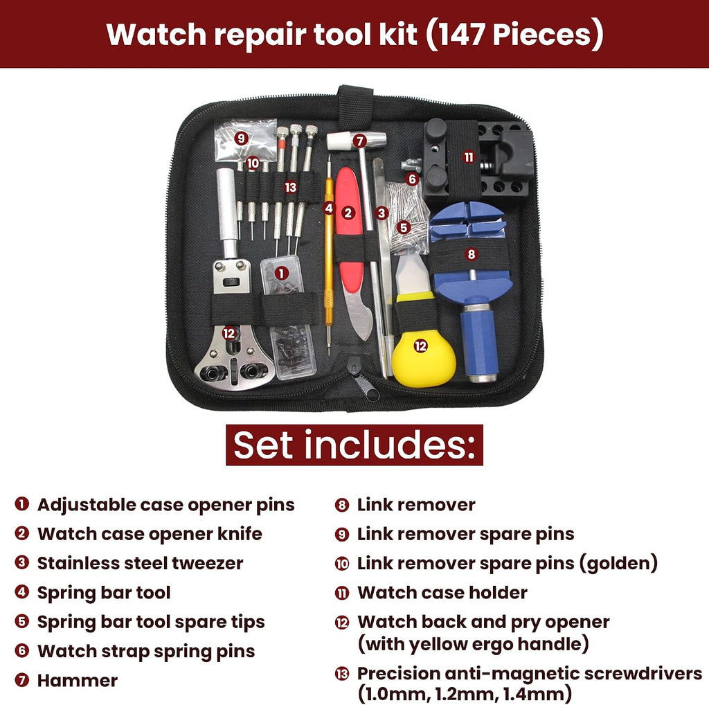 Watch Repair Kit (147 Pieces) - Professional Service Set with Carry Case & User Manual - Battery, Band, Strap, Link
