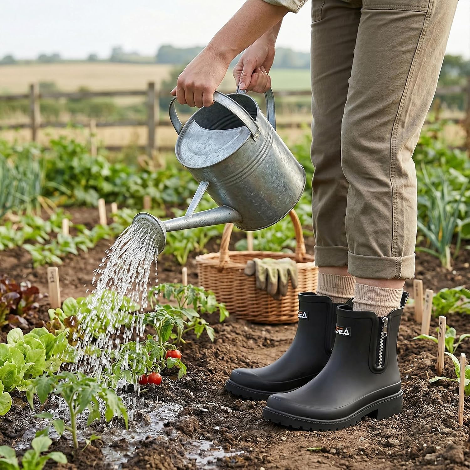 Short Rain Boots for Women with Zipper Waterproof Chelsea Boots Rubber Garden Shoes for Ladies Fashion