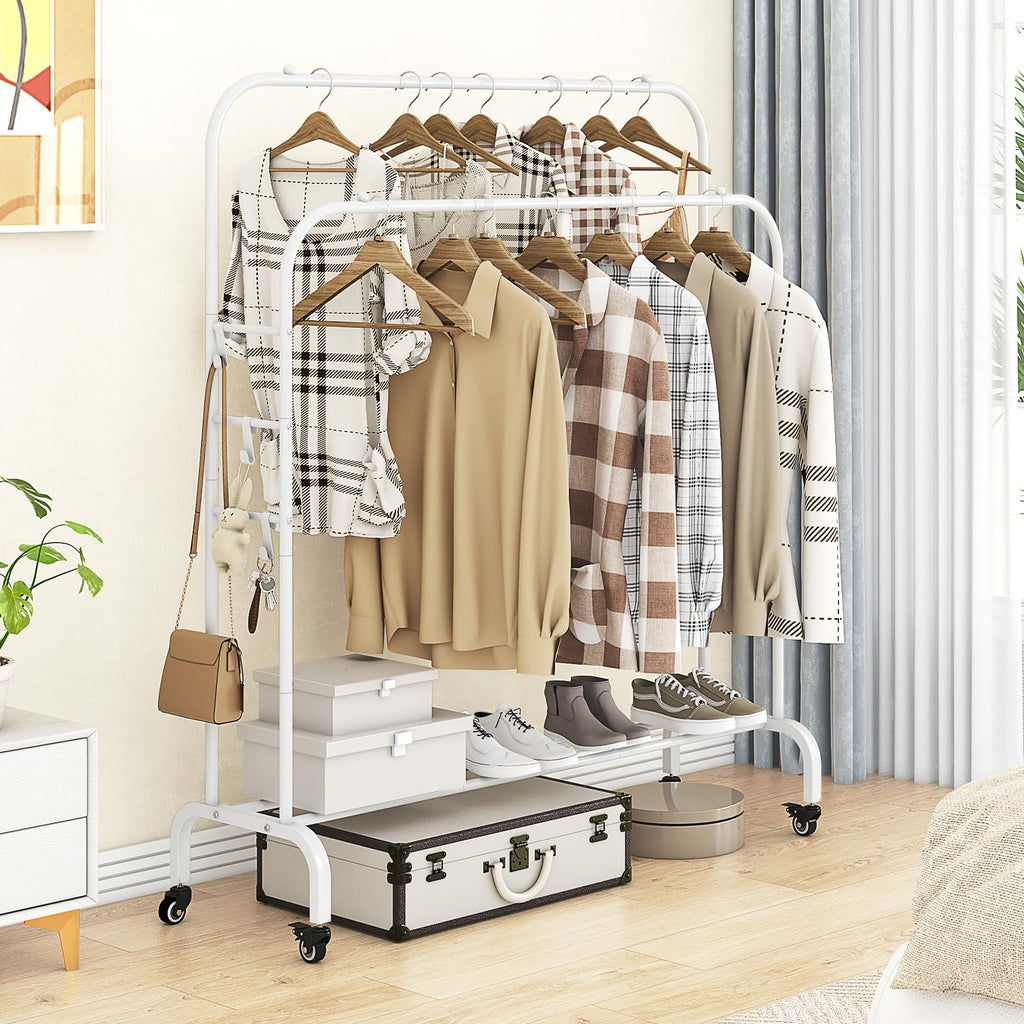 Clothes Rack with Lockable Wheels Double Rods Metal Garment Racks