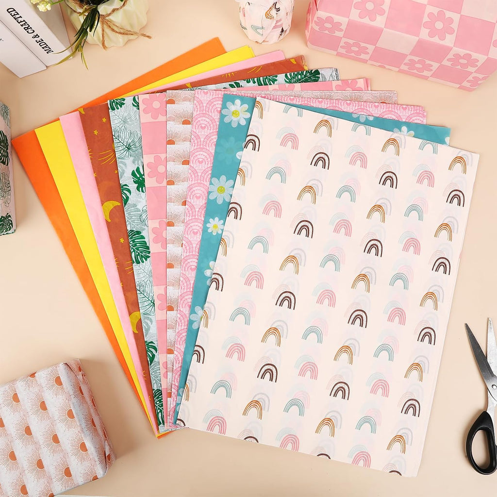 100 Sheets Boho Tissue Paper, Rainbow Flower Pattern, 19.7×13.8 Inch