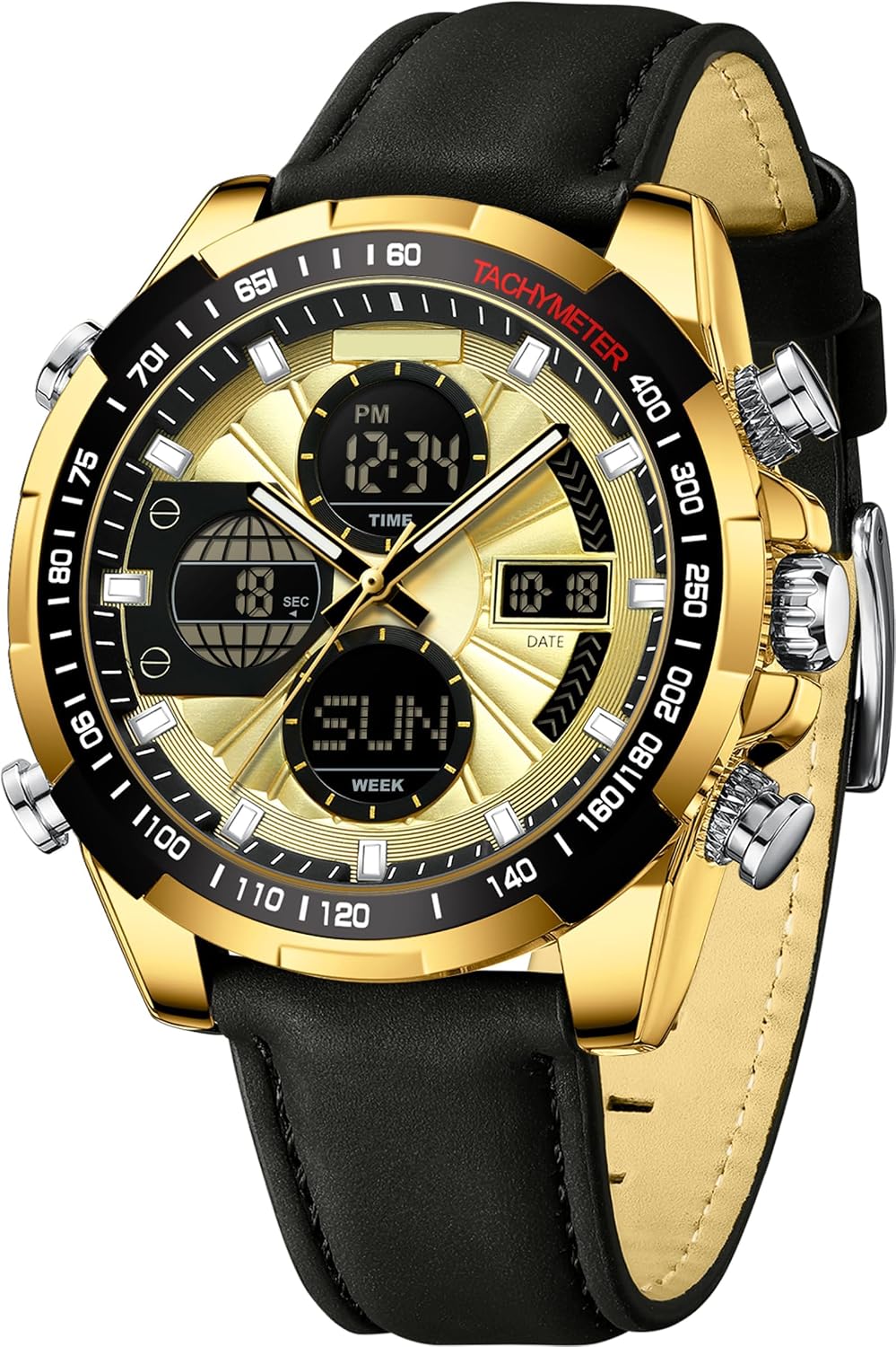 Mens Watch Digital Military Watches Leather Strap Alloy Case Waterproof Analog Watch Luxury Dress Sport Designer