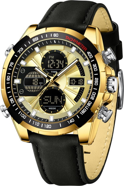 Mens Watch Digital Military Watches Leather Strap Alloy Case Waterproof Analog Watch Luxury Dress Sport Designer