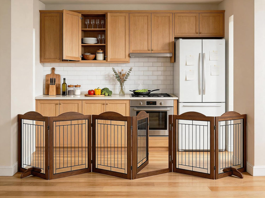 Folding No-Assembly Dog Door Pet Gate 144" Wide, 30" Tall Wooden Dog Gate with Door Walk Through, Freestanding Wire