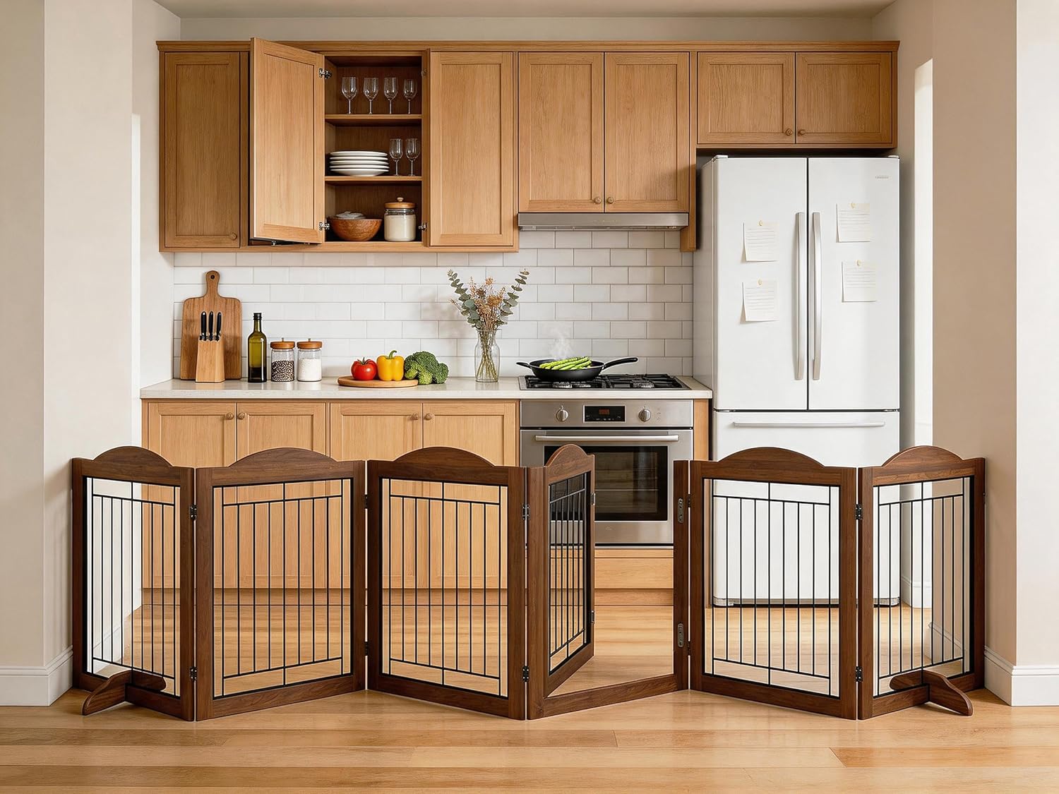 Folding No-Assembly Dog Door Pet Gate 144" Wide, 30" Tall Wooden Dog Gate with Door Walk Through, Freestanding Wire