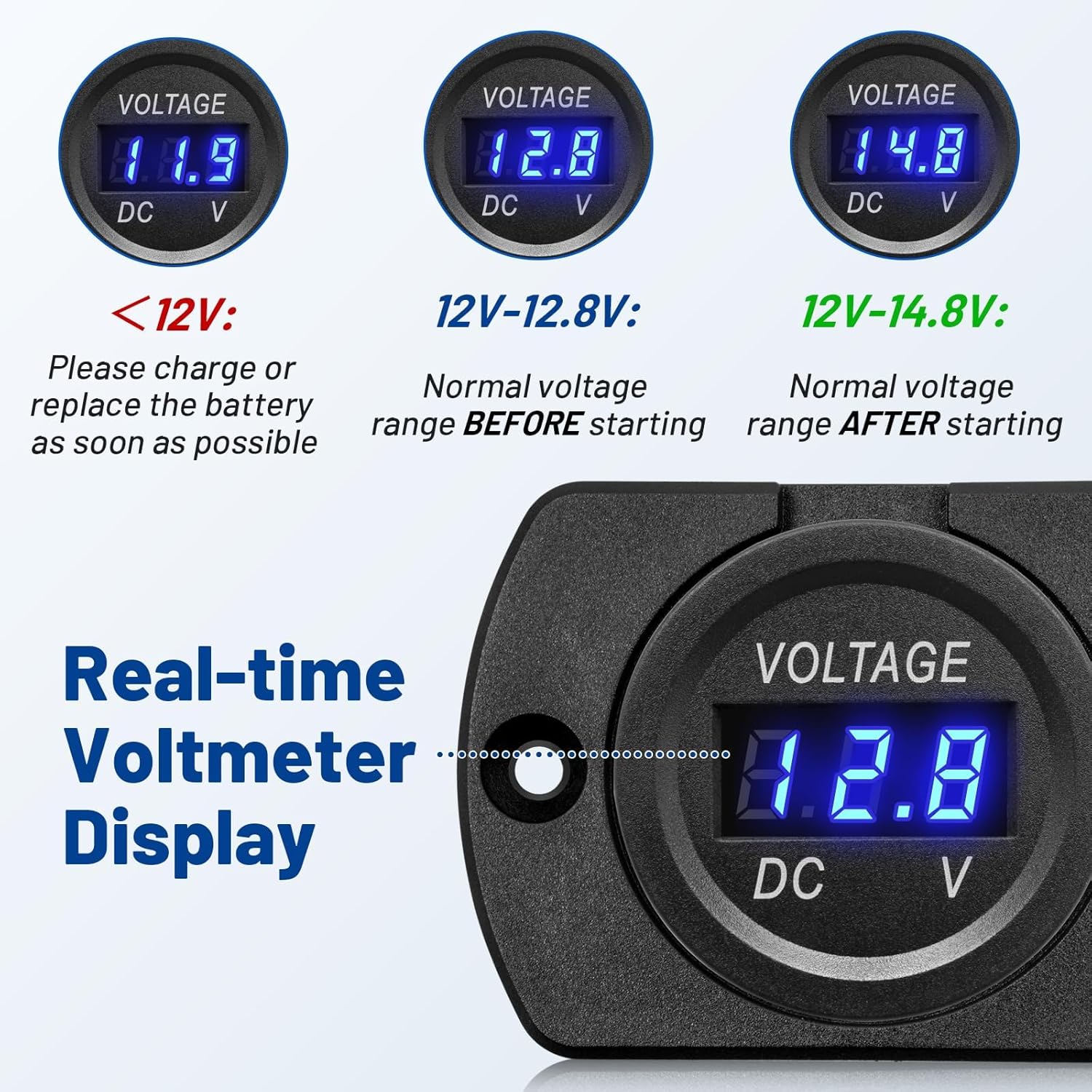 2Packs Car Voltage Meter Monitor 12V/24V Voltmeter Gauge with LED Digital Display Round Panel Mount Battery Monitor