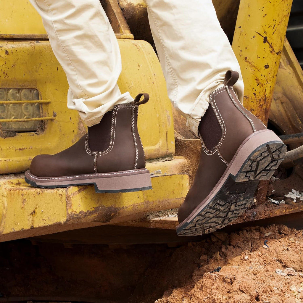 Steel toe Chelsea Work Boots Puncture-Proof with EVA Mid-Sole | Full Grain Leather Slip-on Safety Shoes, Comfortable