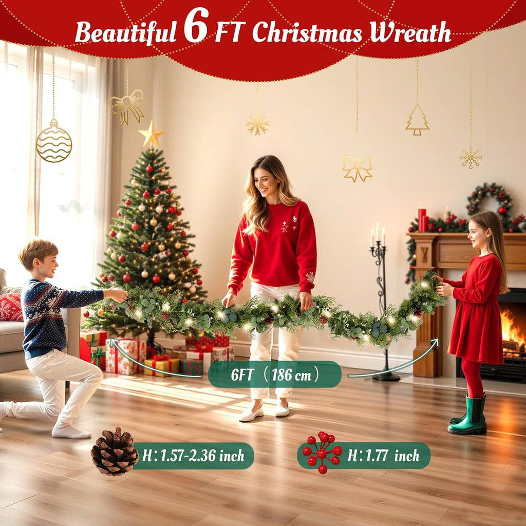 6ft Christmas Garland, Norfolk Pine Lighted Garland with Berries & Pinecones, Real Touch Greenery Wreath for