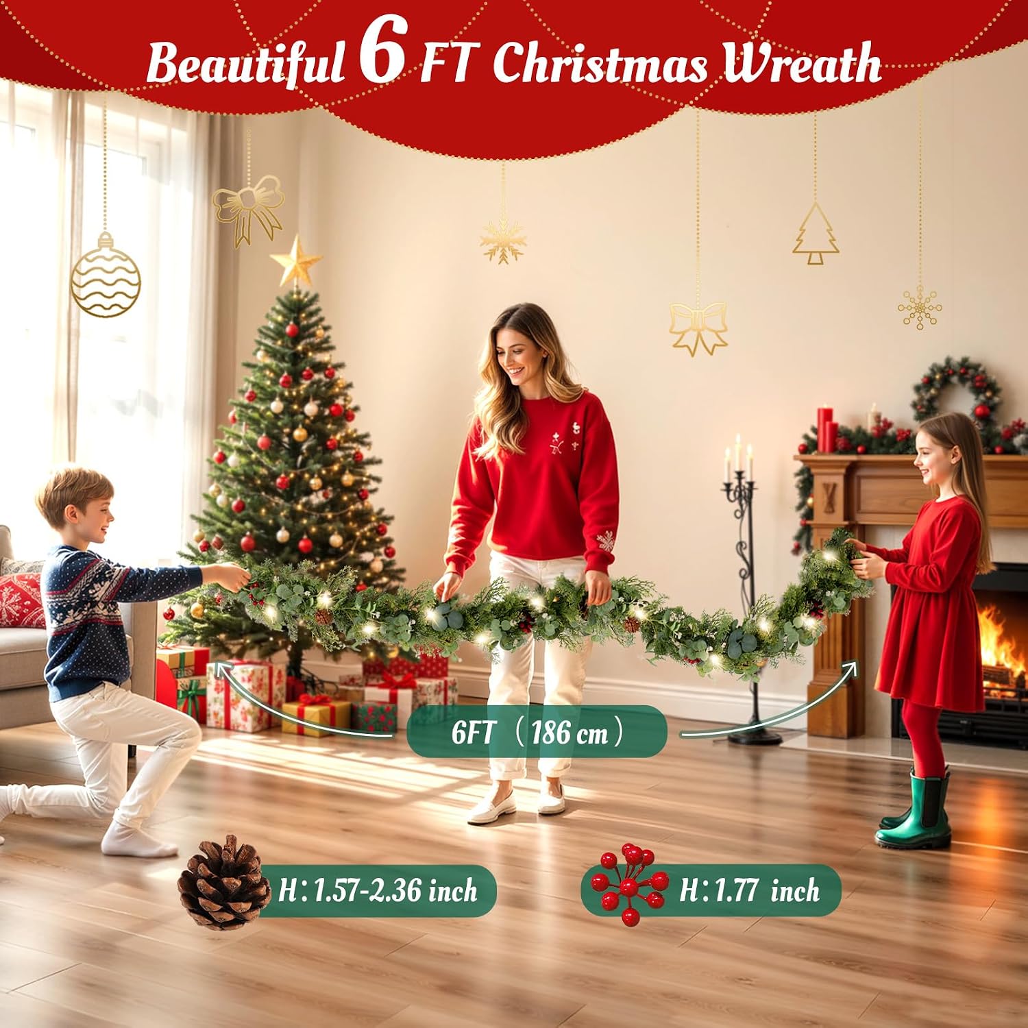 6ft Christmas Garland, Norfolk Pine Lighted Garland with Berries & Pinecones, Real Touch Greenery Wreath for