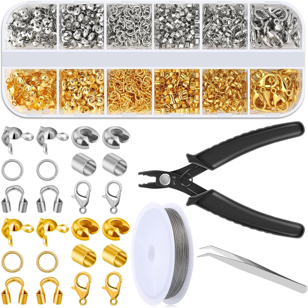1200 Pcs Crimp Beads Supplies for Jewelry Making, Including Crimp Covers, Crimp Tubes and Wire Guardians, Lobster