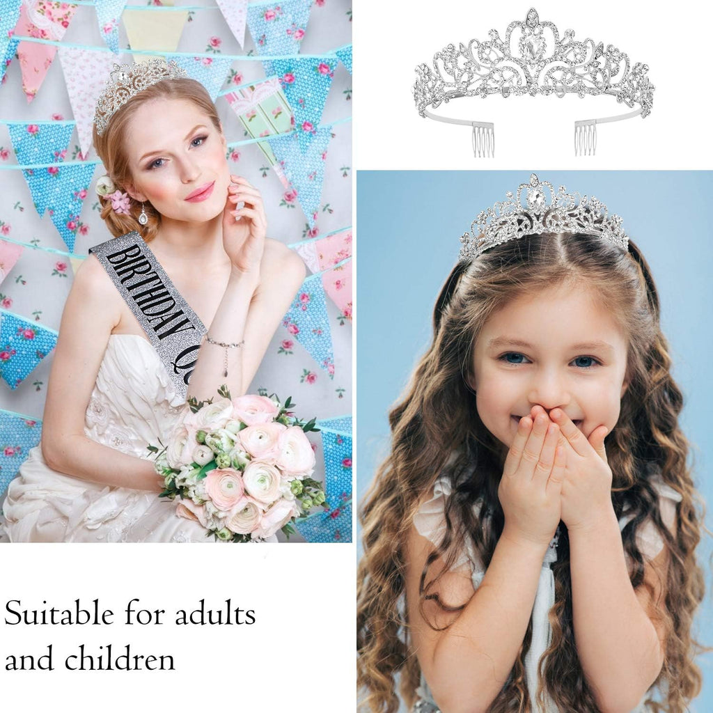 Tiara for Women Silver, Happy Birthday Queen Tiara, Crown for Girls with Birthday Girl Sash, Crowns for Women with