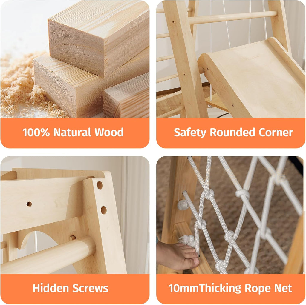 Indoor Jungle Gym for Toddlers, 8-in-1 Wooden Montessori Climbing Toys with Slide, Swing, Rock Wall, Rope Ladder