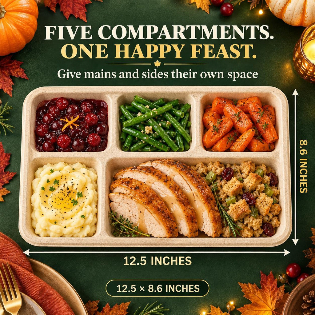 5 Compartment Compostable Plates, 12.5 x 8.6, 100 Pack, Natural