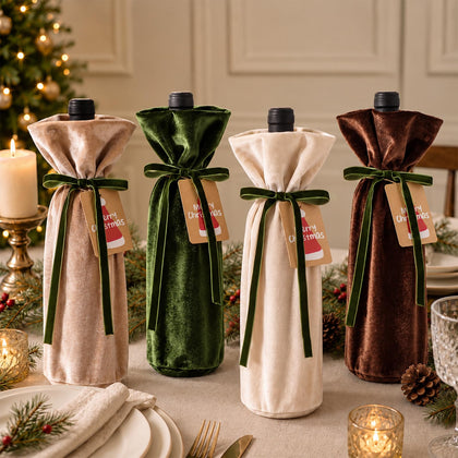 Christmas Gift Bags Wine Bottle Luxury Velvet 4 Pcs Earth Green Xmas Gifts