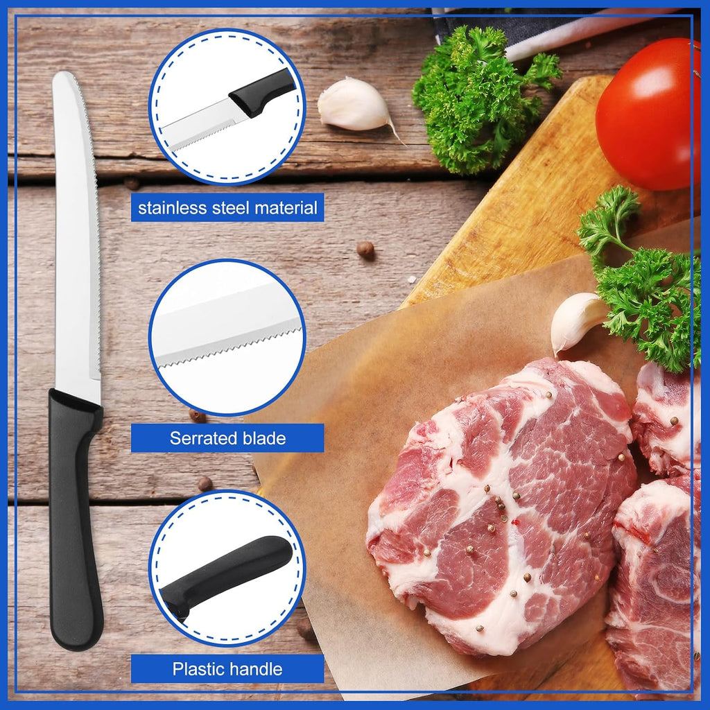 100 Pcs Steak Knives Bulk 8.39 Inch Rounded Serrated Blade, Black