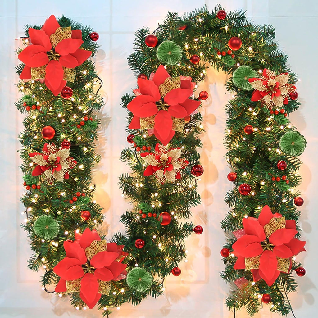 Christmas Garland, 9FT/2.7M Xmas Garland with Lights for Front Door, Christmas Tree Decorations, Mantle, Home
