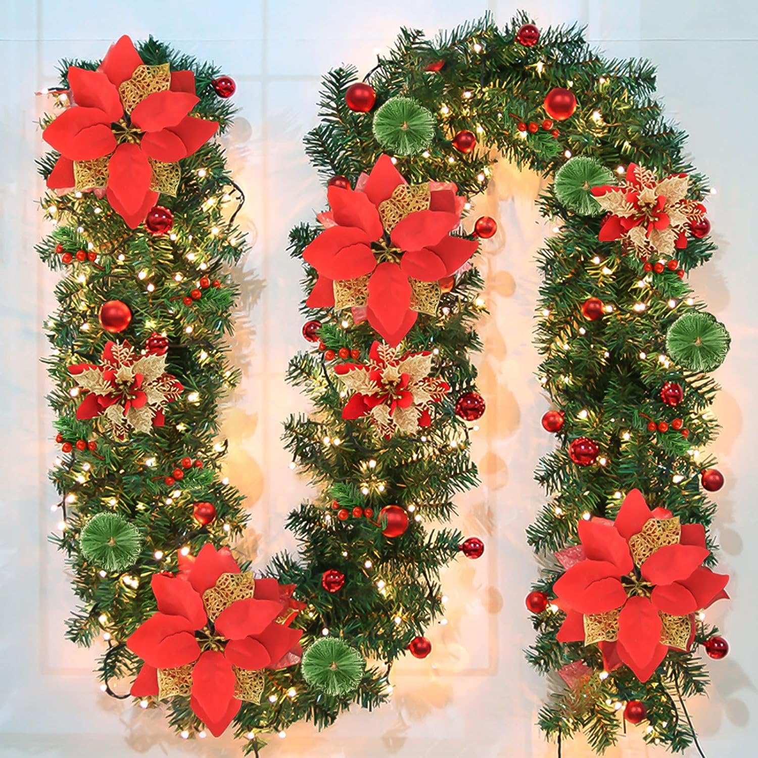 Christmas Garland, 9FT/2.7M Xmas Garland with Lights for Front Door, Christmas Tree Decorations, Mantle, Home