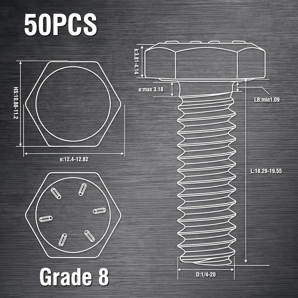 Hicarer 50 Pcs Grade 8 Hex Cap Screws 1/4-20 x 3/4" Coarse Thread Bolts