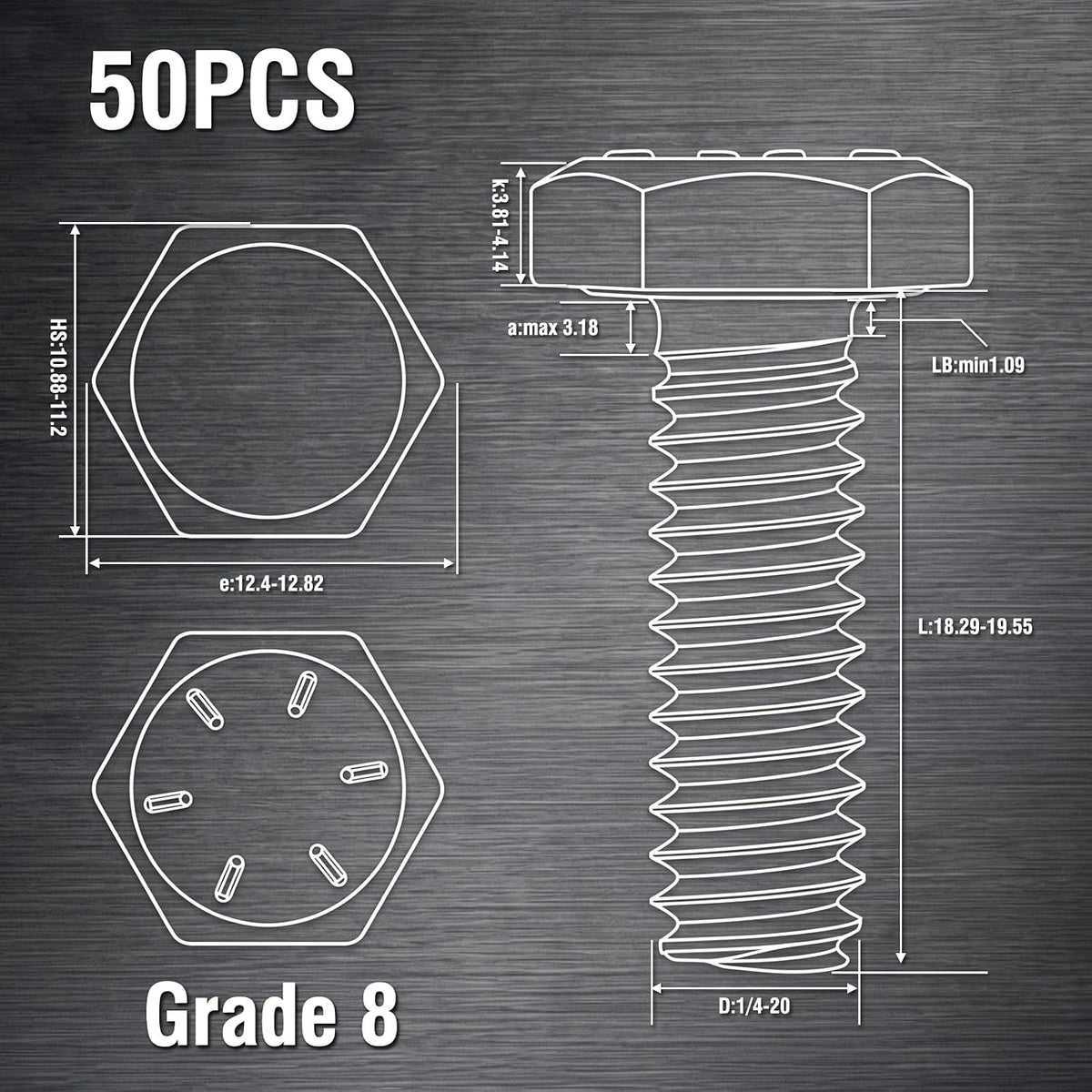 Hicarer 50 Pcs Grade 8 Hex Cap Screws 1/4-20 x 3/4" Coarse Thread Bolts
