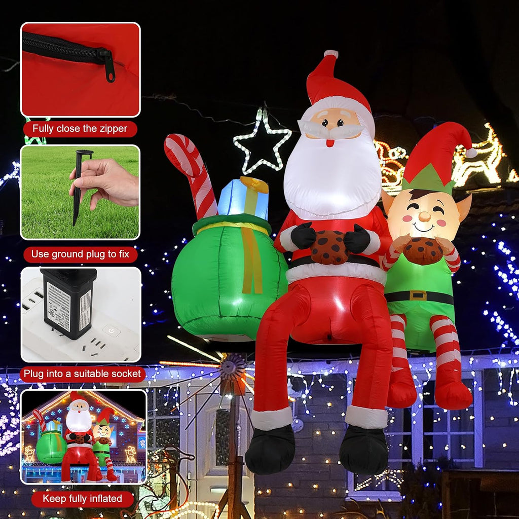 8FT Santa Claus Sitting on the Roof Christmas Inflatable Decoration with LED Lights, Suitable for Holiday Celebration