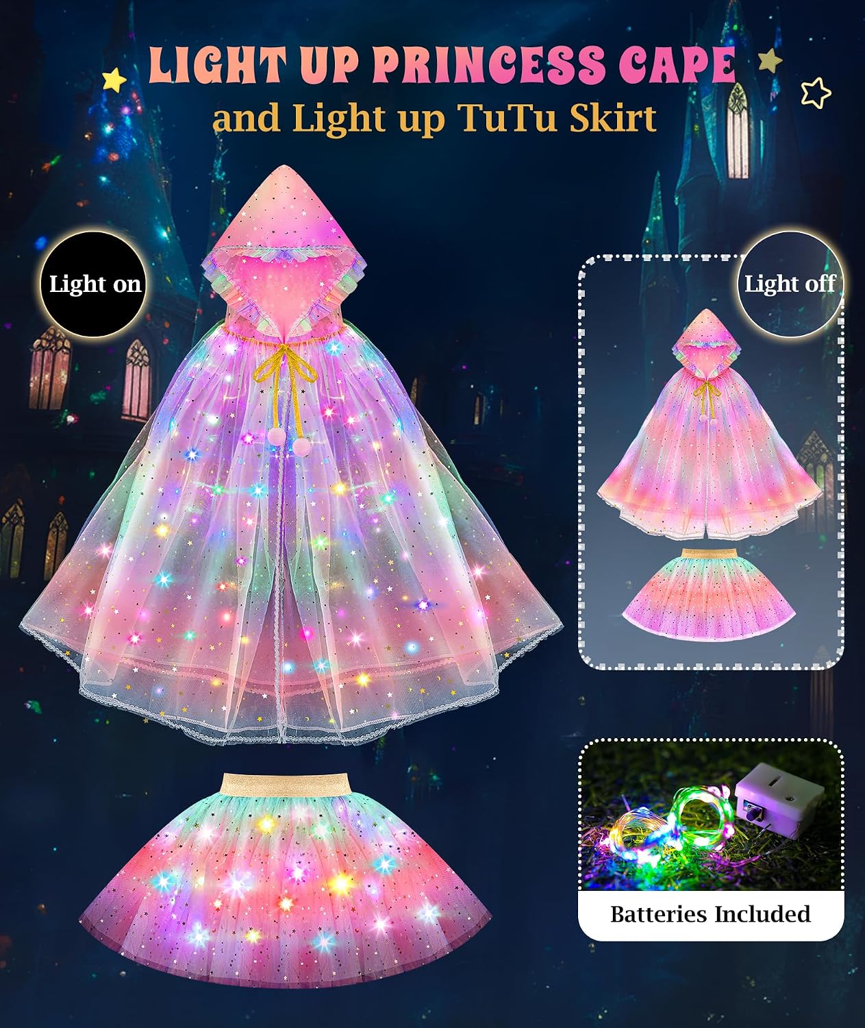 Princess Dress Up for Girls, Unicorn Light up Princess Cape Princess Dress | Costume Crown Gift for Girls 3 4 5 6 DOLNOW