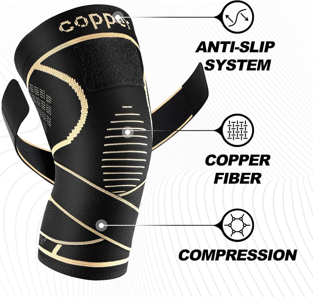 Copper Knee Brace for Women Men 2-Pack, Knee Compression Sleeve with Straps, Knee Braces for Knee Pain, Knee Support