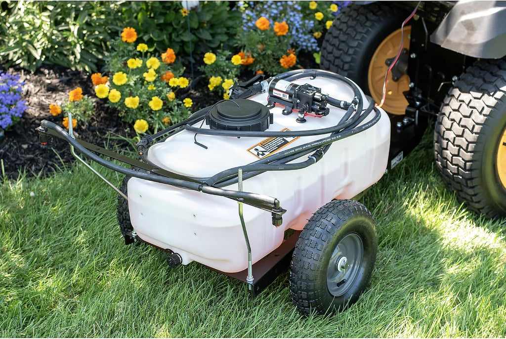 Tow-Behind Lawn Sprayer with Boom and Spray Wand, 15 Gallon Capacity, 1.6 GPM 100 PSI Pump