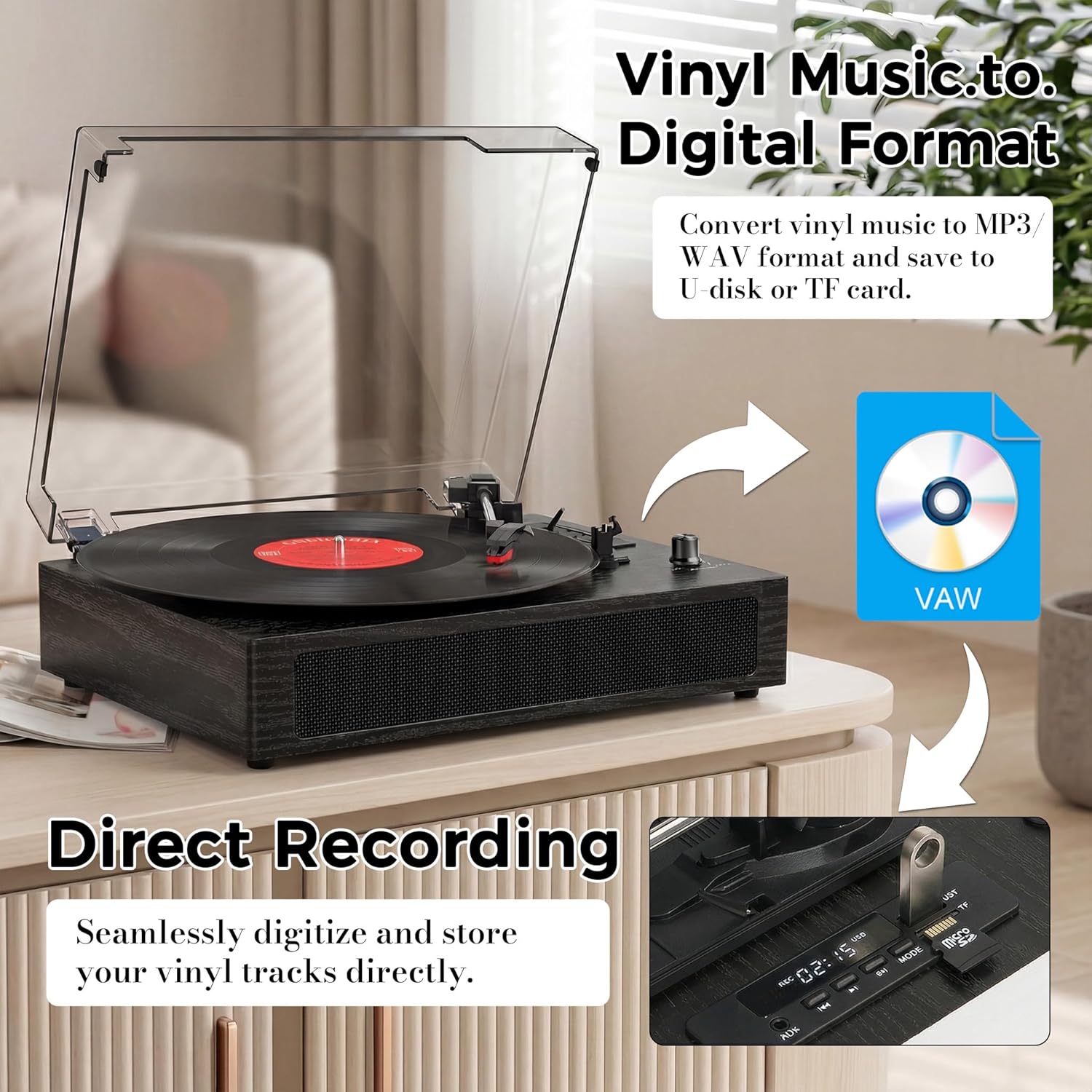 Vinyl Record Player with Bluetooth, 3-Speed Belt-Drive Turntable with Built-in Speakers, Easy Setup for Beginners