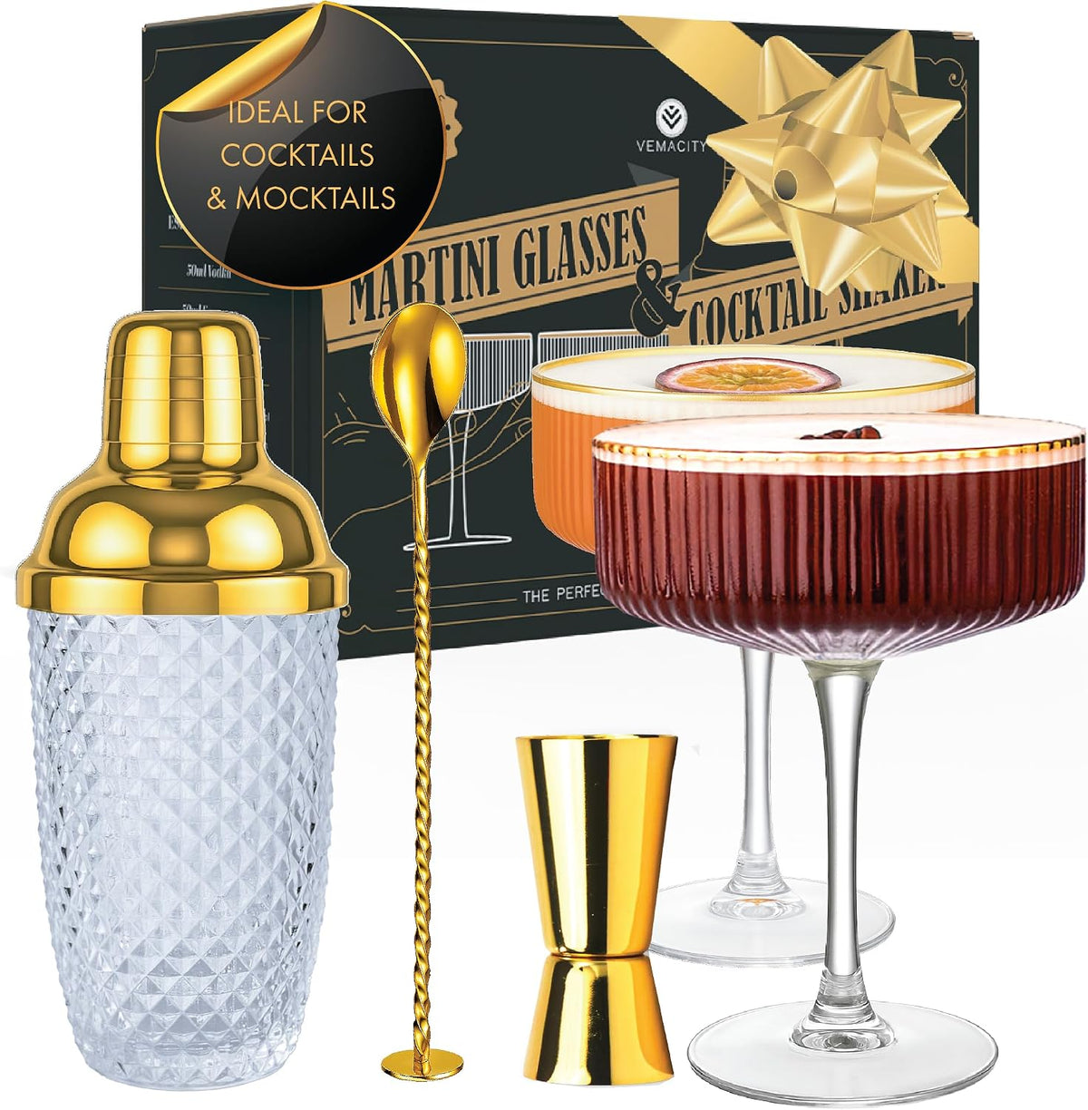 Luxury Espresso Martini Gifts | Gold Cocktail Shaker Set + 2 Espresso Martini Glasses - Cocktail Kit with Built-in
