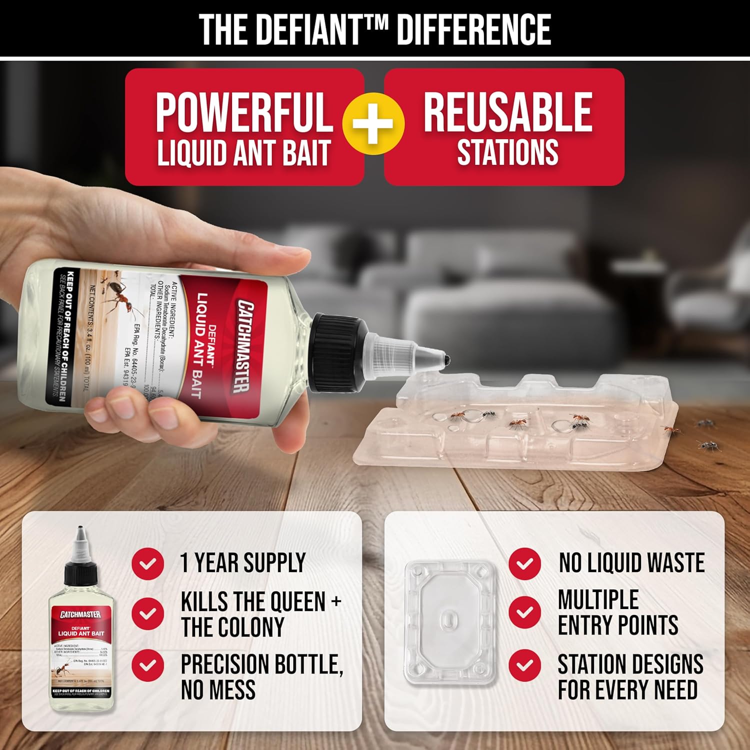 Defiant Premium Liquid Ant Killer, 1-Year Supply, Kills the Queen and Colony, No Mess Precision Bottle, Sugar Ant